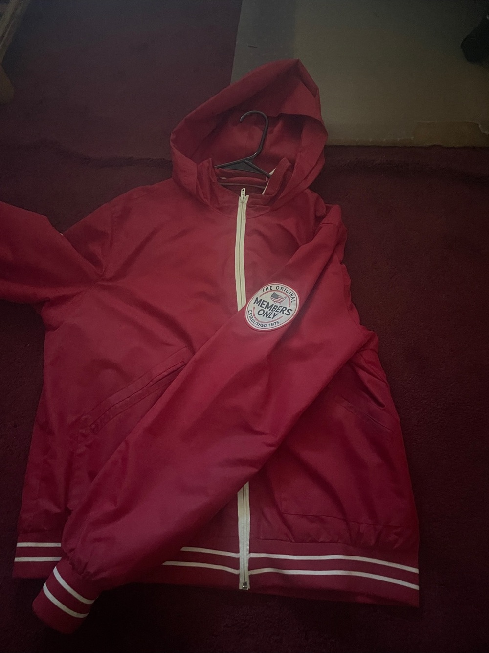 Members Only Red Hooded Windbreaker with White Zip and Stripe Trim